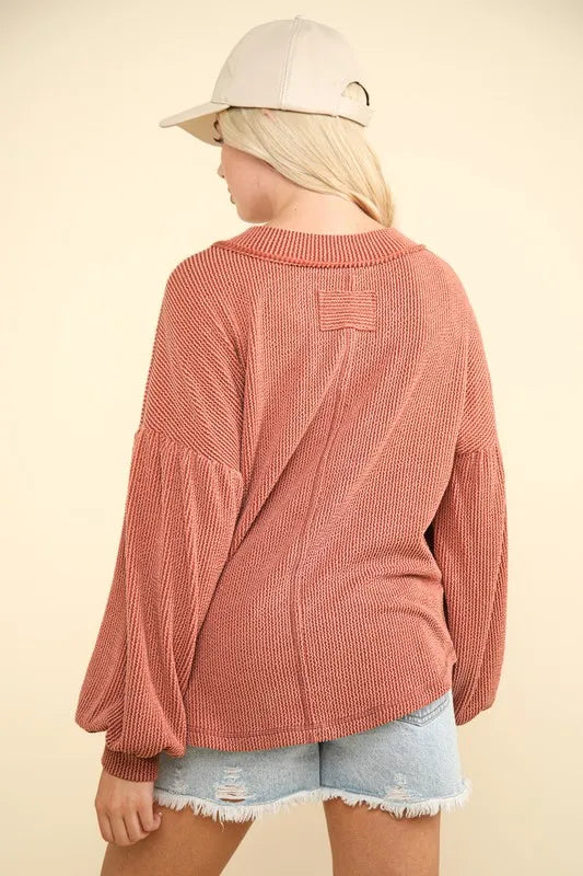 VERY J Two Tone Ribbed V-Neck Exposed Seam Top - Brittney MADE