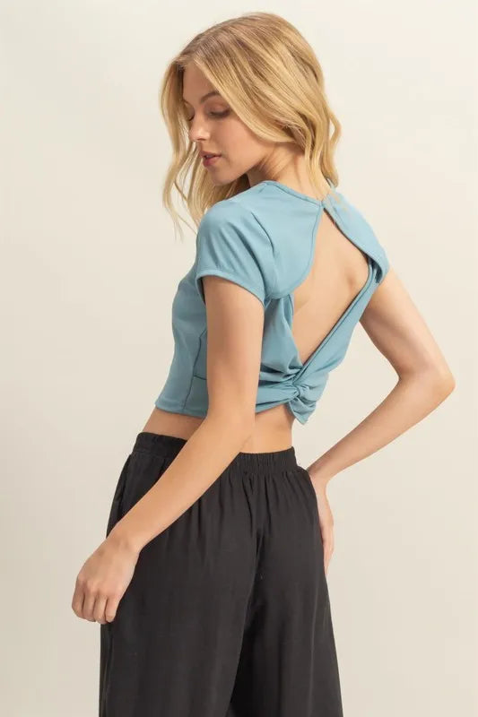 HYFVE Cutout Twisted Back Round Neck Short Sleeve T-Shirt - Brittney MADE