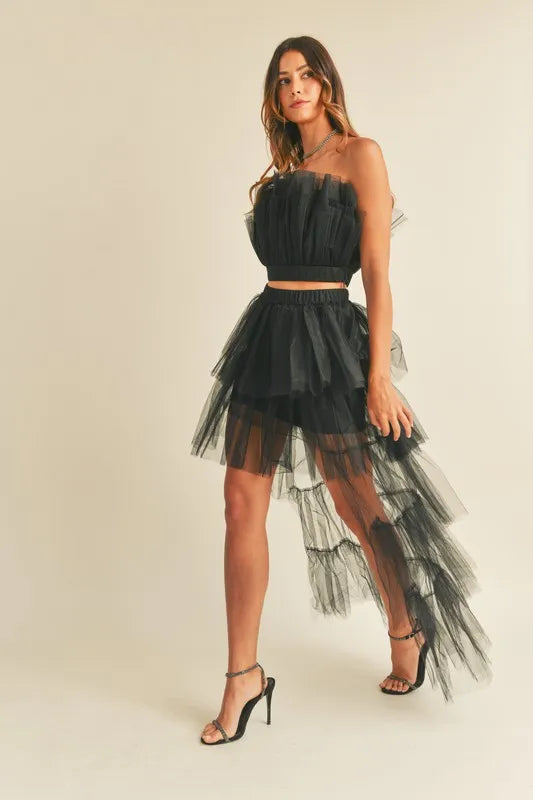 MABLE Tulle Tube Ruffle Crop Top and High Low Maxi Skirt Set - Brittney MADE