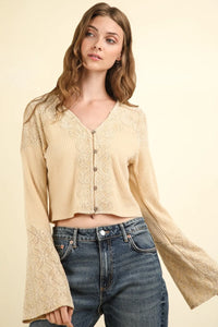 VERY J V-Neck Lace Detail Button Down Crop Ribbed Knit Top - Brittney MADE