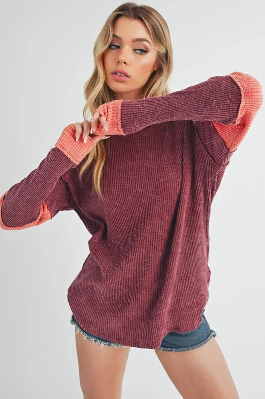 Aemi + Co Raw Seam Color Block Round Neck Knit Top - Brittney MADE