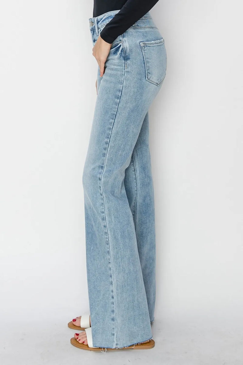 RISEN Full Size High Rise Raw Cut Hem Bootcut Jeans - Brittney MADE