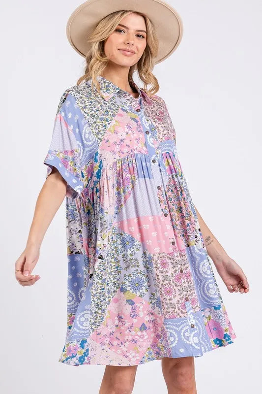 SAGE + FIG Floral Collared Neck Half Sleeve Mini Shirt Dress - Brittney MADE