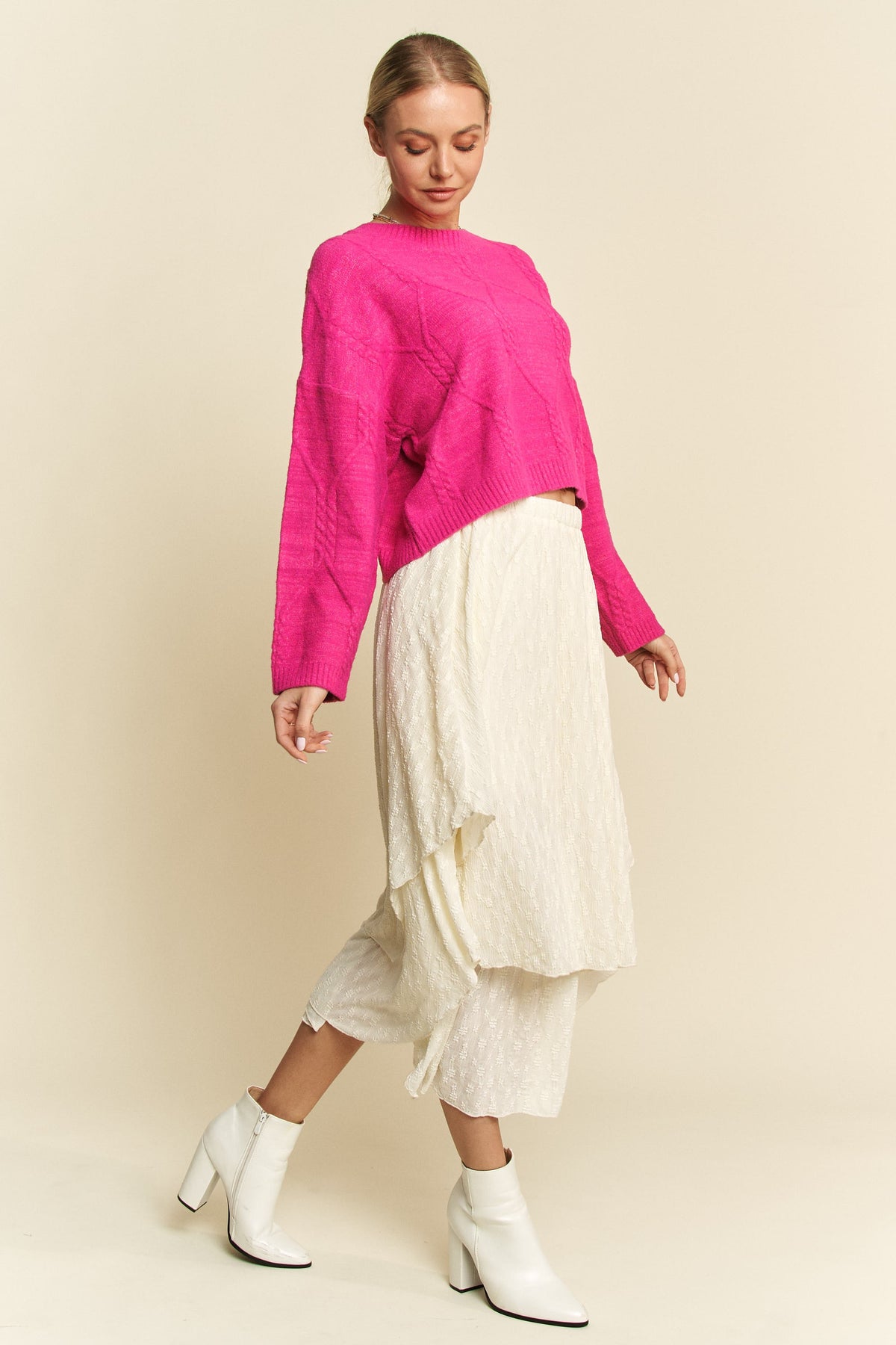 Davi & Dani Diamond Cable Pattern Drop Shoulder Sweater - Brittney MADE