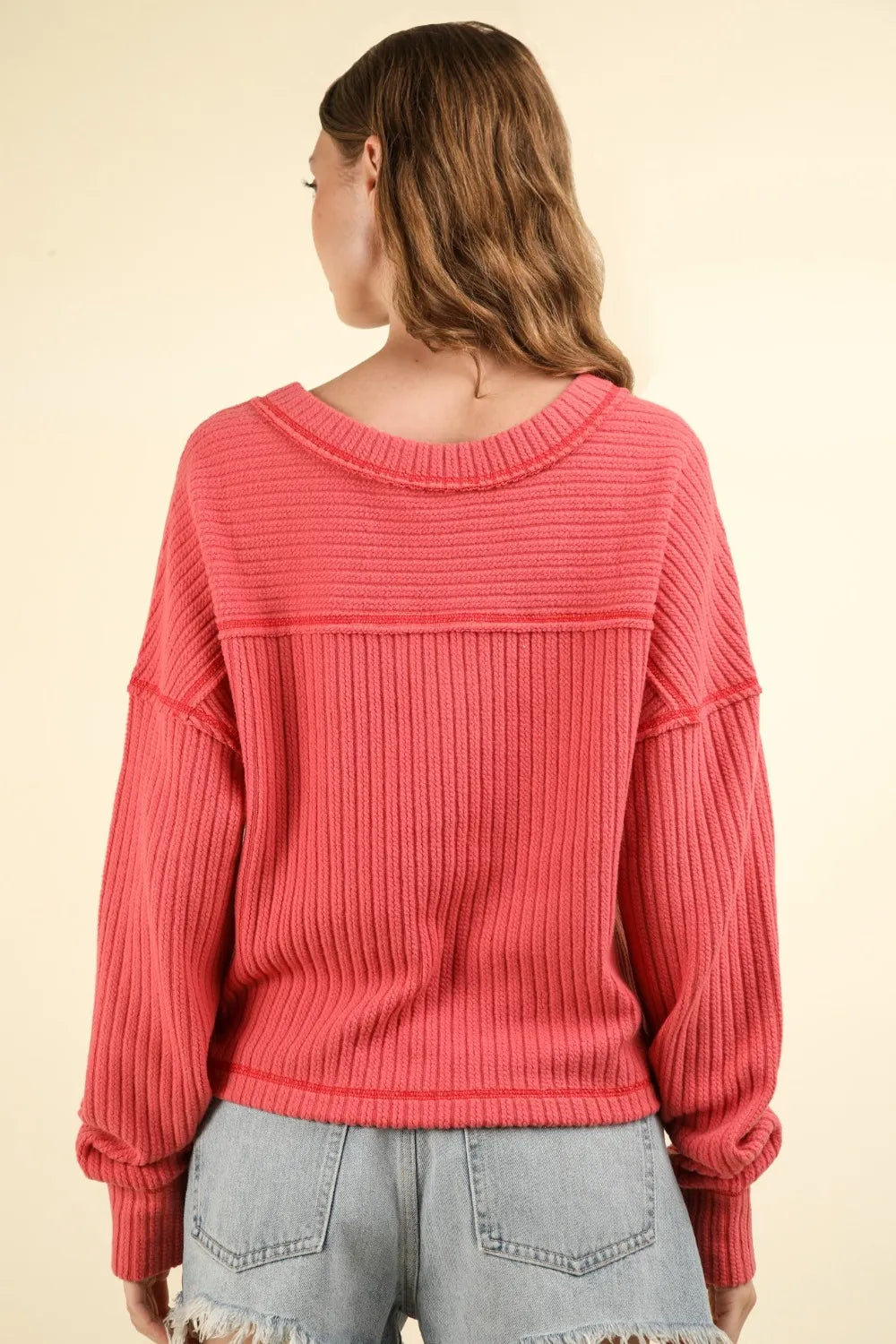 VERY J Exposed Seam V-Neck Ribbed Knit Top - Brittney MADE