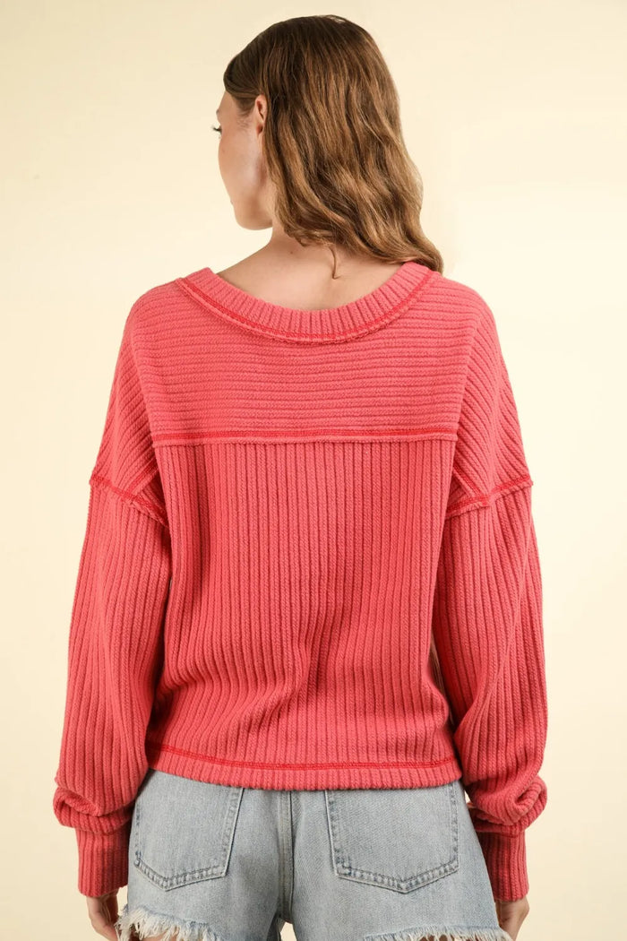 VERY J Exposed Seam V-Neck Ribbed Knit Top - Brittney MADE
