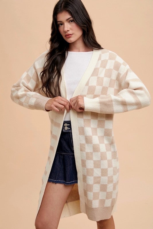 Annie Wear Checkered & Striped Open Front Long Sleeve Cardigan - Brittney MADE