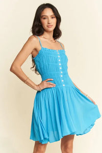 Davi & Dani Smocking Bodice Sleeveless Button Down Mini Dress - Brittney MADE