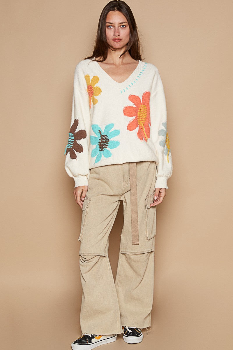 POL V-Neck Long Sleeve Flower Fringe Sweater - Brittney MADE