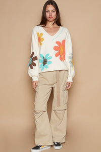 POL V-Neck Long Sleeve Flower Fringe Sweater - Brittney MADE