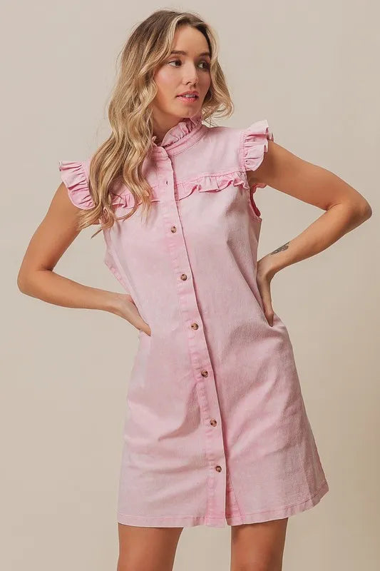 BiBi Washed Button Down Ruffled Cap Sleeve Denim Dress - Brittney MADE