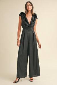 MABLE 3D Floral Applique Deep Cowl Neck Jumpsuit - Brittney MADE