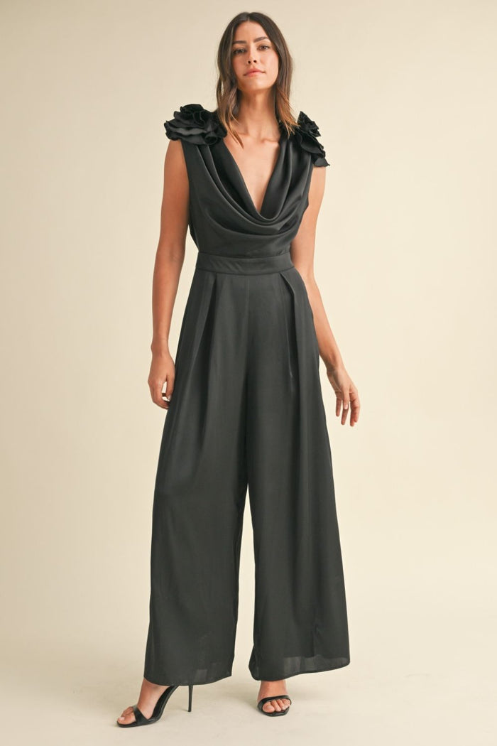 MABLE 3D Floral Applique Deep Cowl Neck Jumpsuit - Brittney MADE