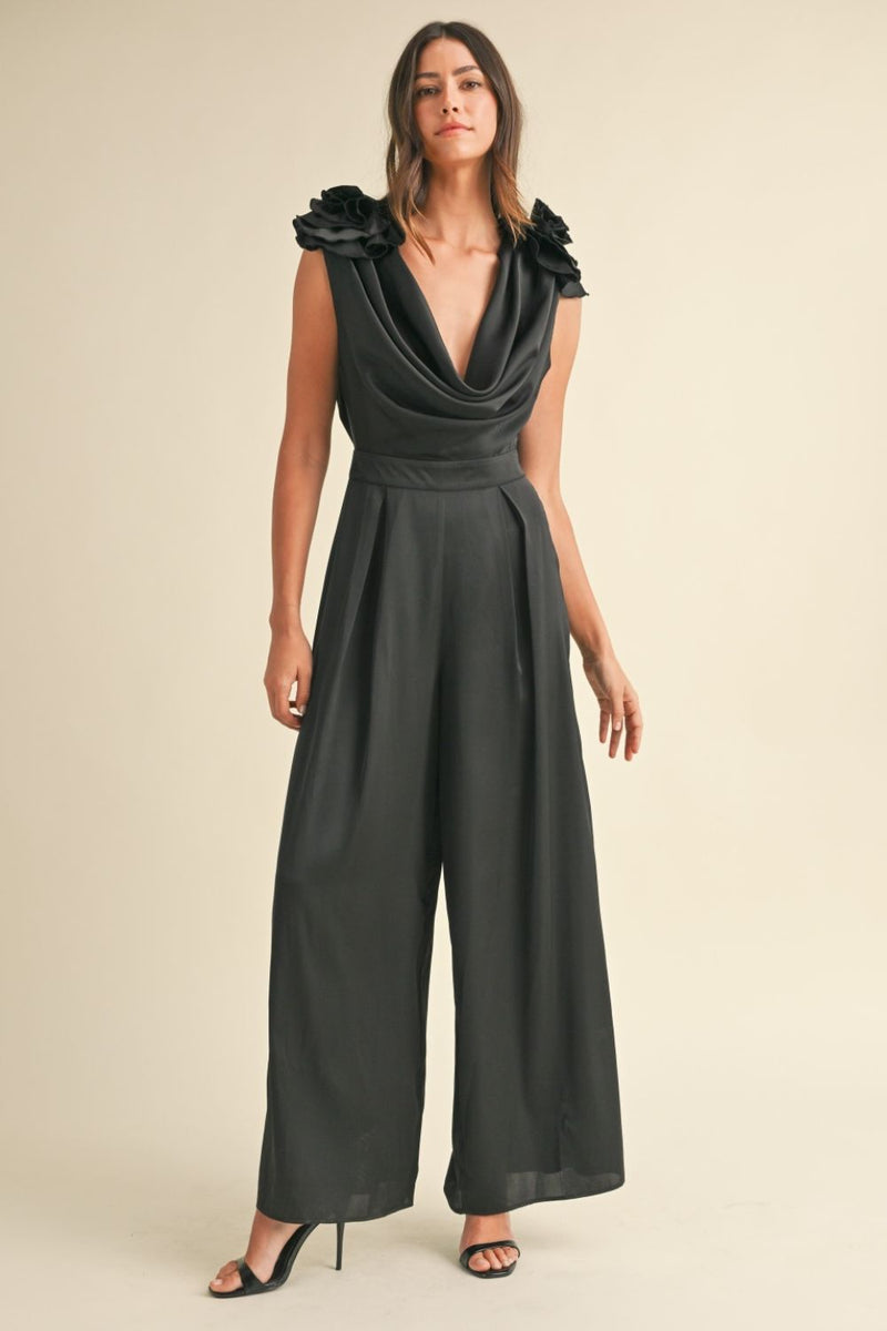 MABLE 3D Floral Applique Deep Cowl Neck Jumpsuit - Brittney MADE