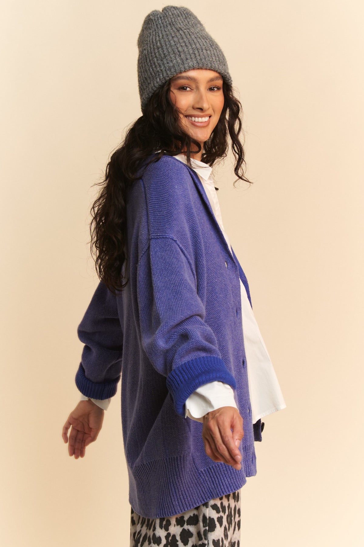 Davi & Dani Shawl Collar Ribbed Detail Button Up Cardigan - Brittney MADE