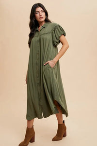 Annie Wear Mineral Washed Button Down Puff Sleeve Shirt Dress - Brittney MADE