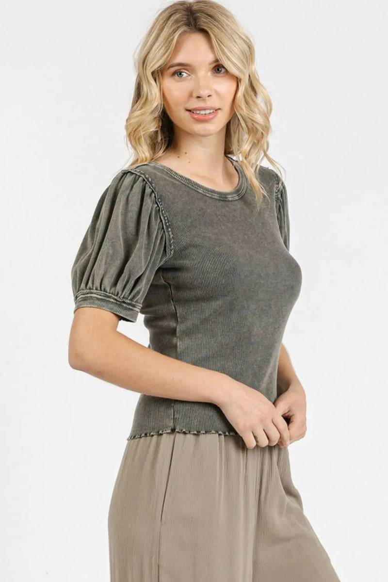 Mittoshop Mineral Wash Puff Sleeve Rib Knit Top - Brittney MADE