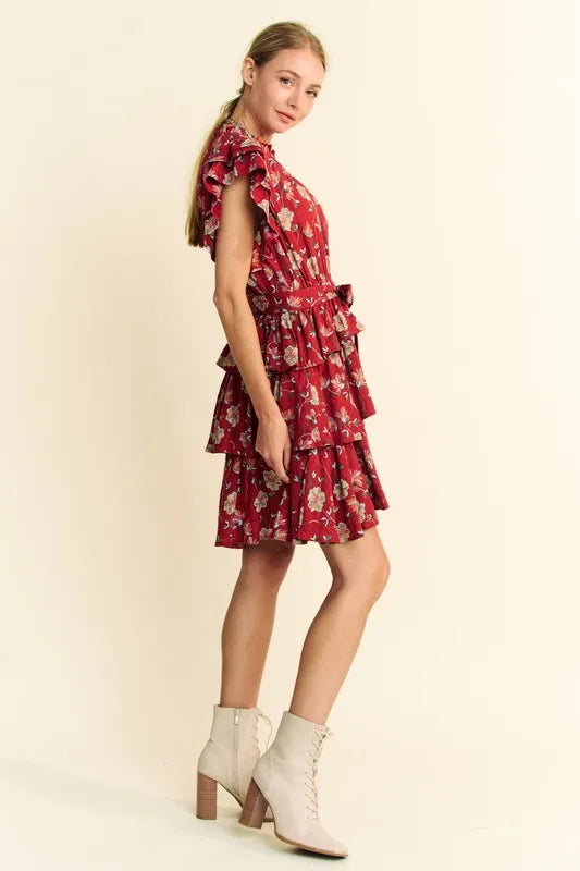 Davi & Dani Ruffle Flutter Sleeve Tie Belt Tiered Mini Dress - Brittney MADE