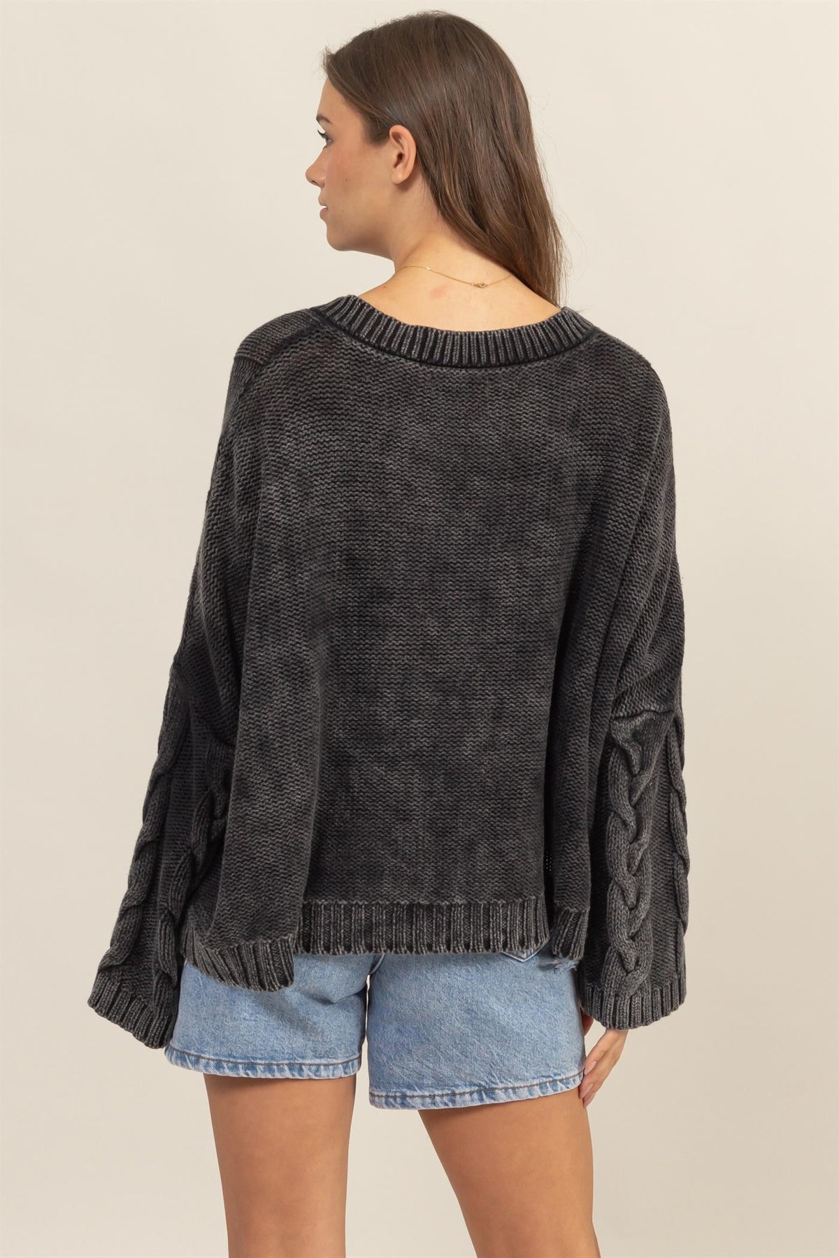HYFVE Cable Knit V-Neck Dropped Shoulder Oversized Sweater - Brittney MADE