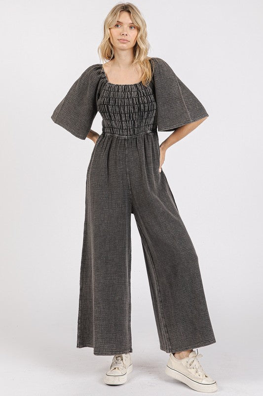 Mittoshop Mineral Wash Gauze Ruched Wide Leg Jumpsuit - Brittney MADE