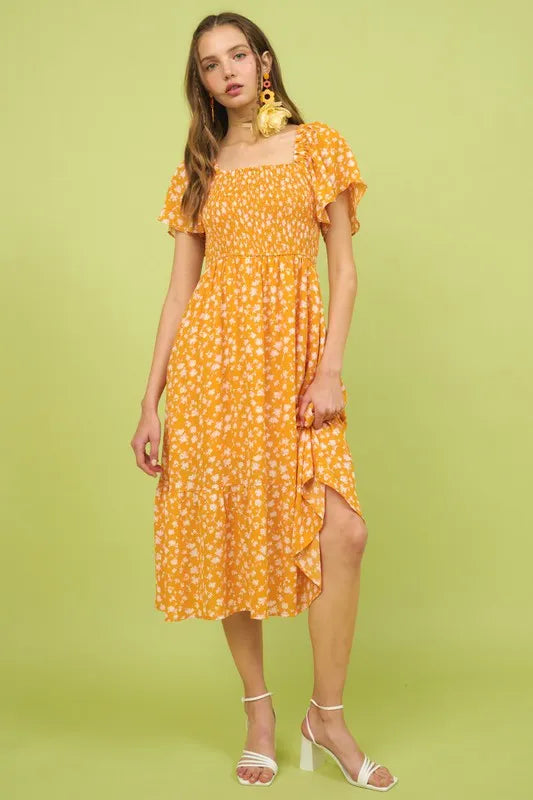Mittoshop Flower Print Flutter Sleeve Smocked Midi Dress - Brittney MADE