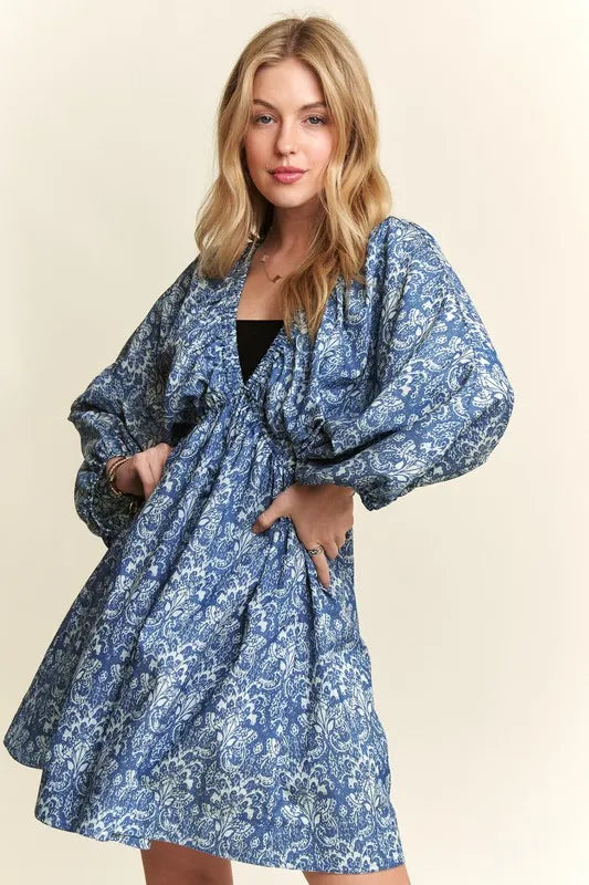 ADORA Printed V-Neck Batwing Sleeve Mini Dress - Brittney MADE