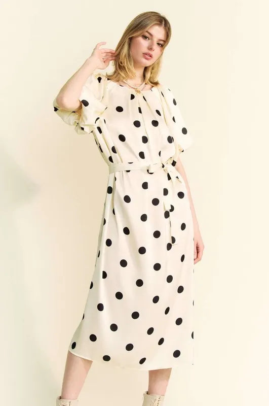 Davi & Dani Polka Dot Puff Sleeves Waist Tie Midi Dress - Brittney MADE