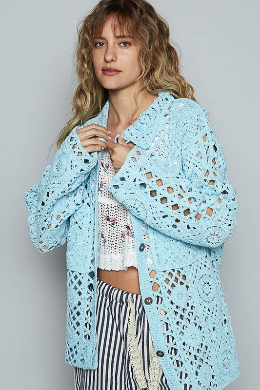 POL Crochet Button Up Cardigan with Chest Patch Pockets - Brittney MADE