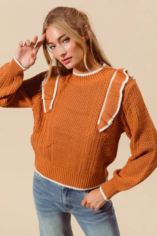 SO ME Ruffled Round Neck Cable Knit Top - Brittney MADE