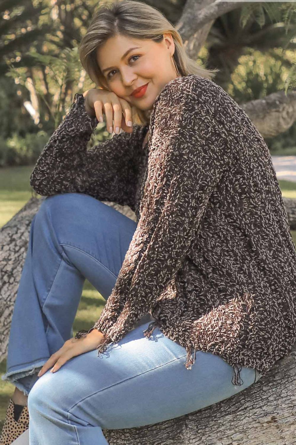 Umgee Full Size Frayed Hem Cable Knit Round Neck Sweater Plus Size - Brittney MADE