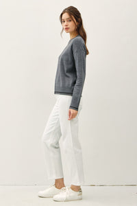 Be Cool Striped Trim Round Neck Long Sleeve Sweater - Brittney MADE