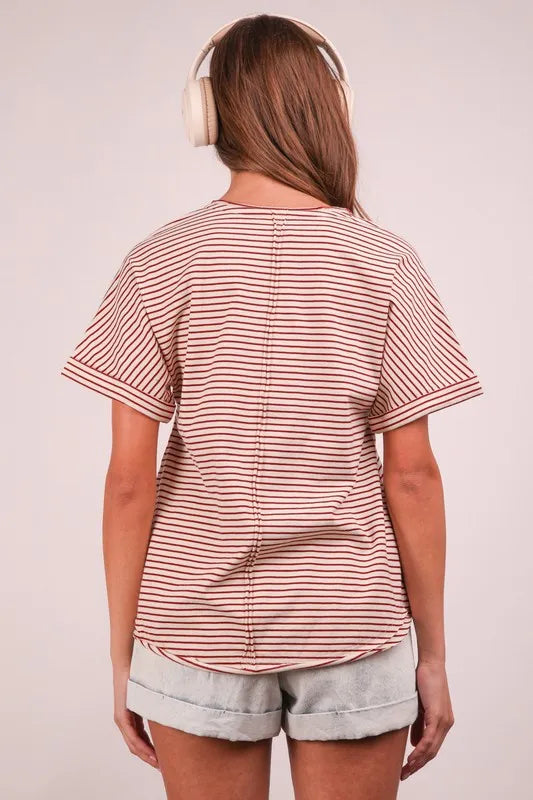 VERY J Striped V-Neck Short Sleeve T-Shirt - Brittney MADE