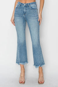 RISEN Full Size High Rise Frayed Hem Flare Jeans - Brittney MADE