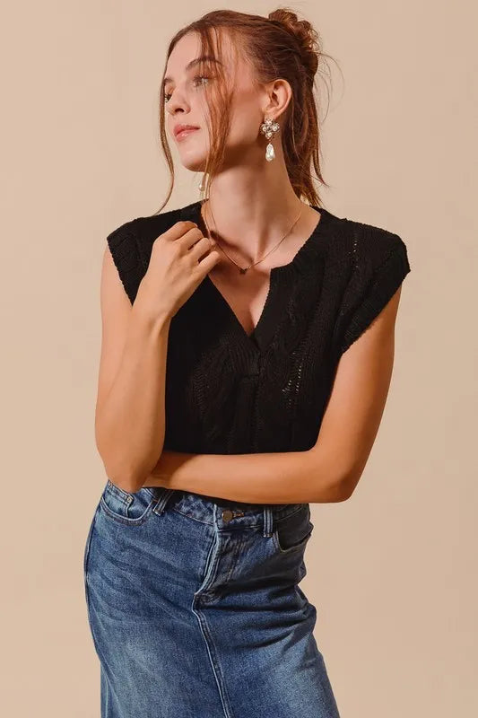 SO ME Notched Neck Cable Knit Sweater Vest - Brittney MADE