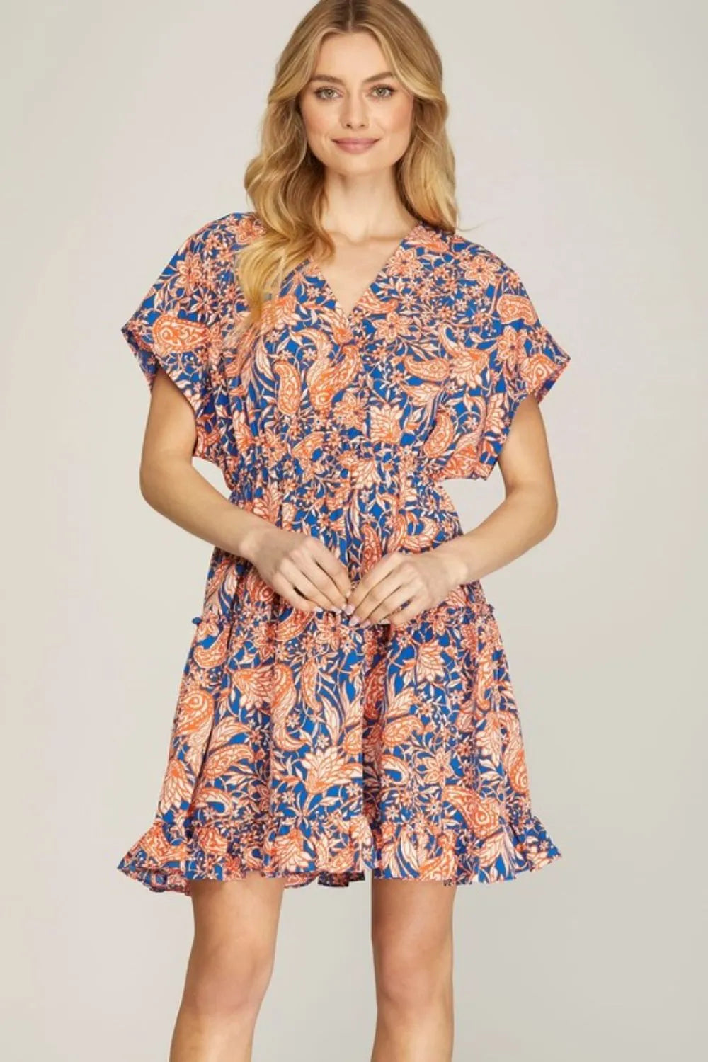She + Sky Full Size Ruffled Hem Printed Surplice Kimono Sleeve Mini Dress Plus Size - Brittney MADE