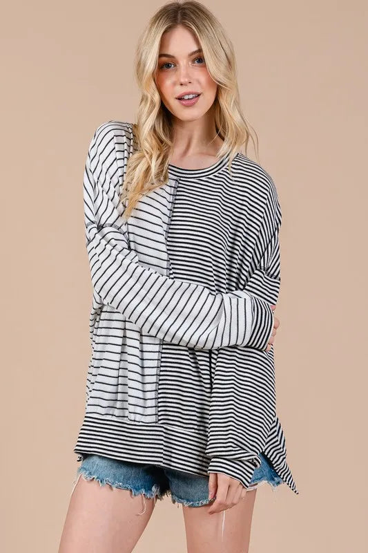 Ces Femme Striped Round Neck Long Sleeve Knit Top - Brittney MADE