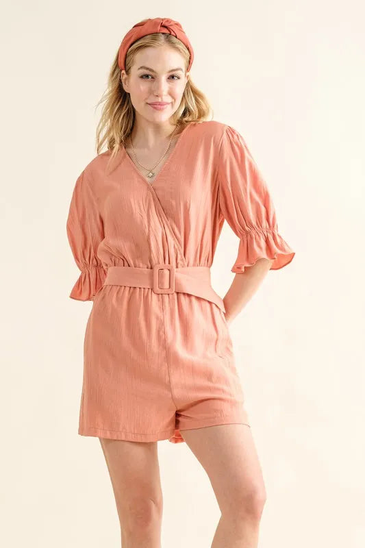 And The Why Flounce Sleeves Romper with Belt - Brittney MADE