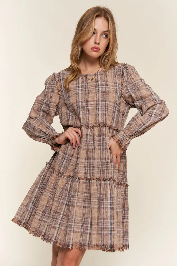 And The Why Full Size Washed Frayed Tiered Plaid Dress - Brittney MADE