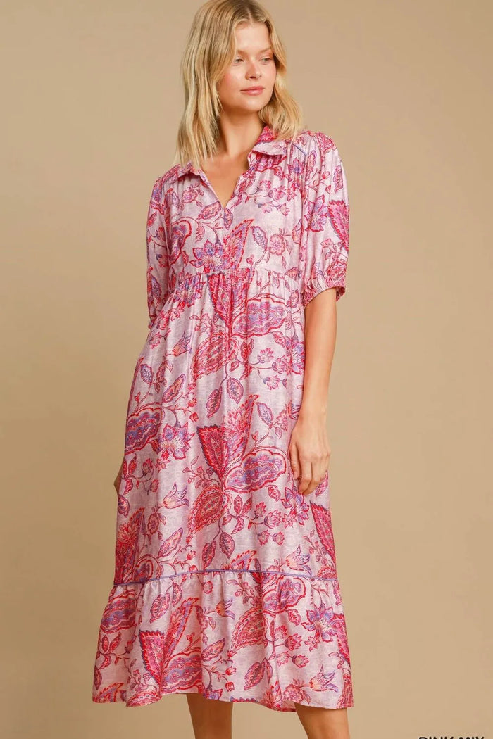Umgee Full Size Ruffled Hem Floral Paisley Print Half Sleeve Midi Dress Plus Size - Brittney MADE