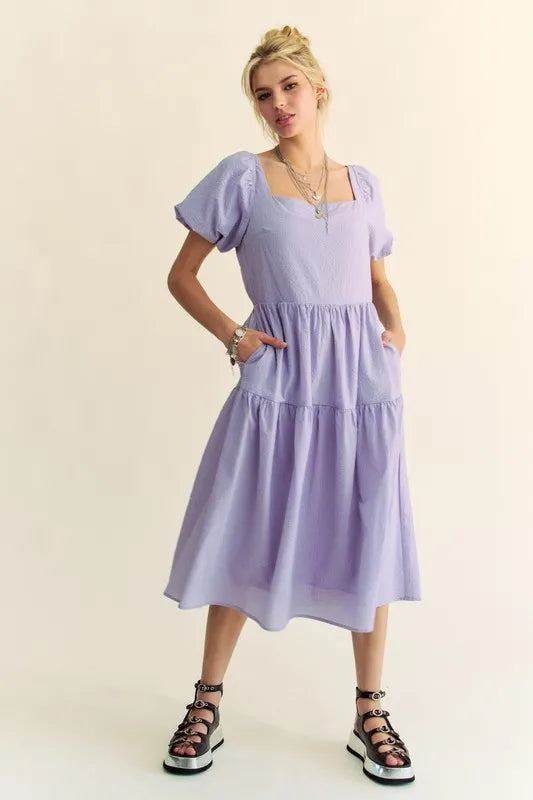 Davi & Dani Textured Fabric Short Puff Sleeve Midi Dress - Brittney MADE