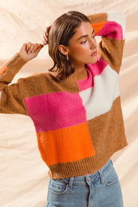 SO ME Multi Color Block Checkered Sweater Top - Brittney MADE