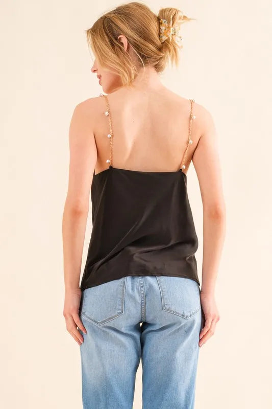 And The Why Faux Pearl Gold Chain Satin Casual Cami Top - Brittney MADE