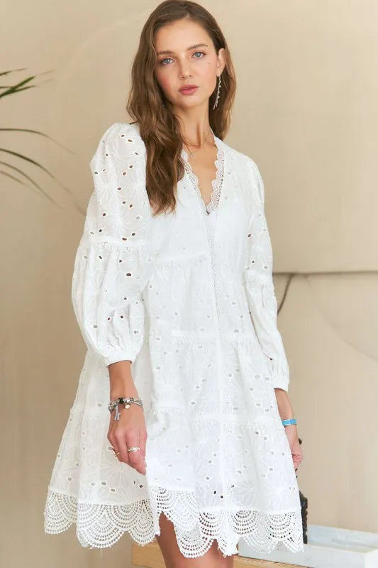 ADORA Lace Detail Tiered Eyelet V-Neck Babydoll Dress - Brittney MADE