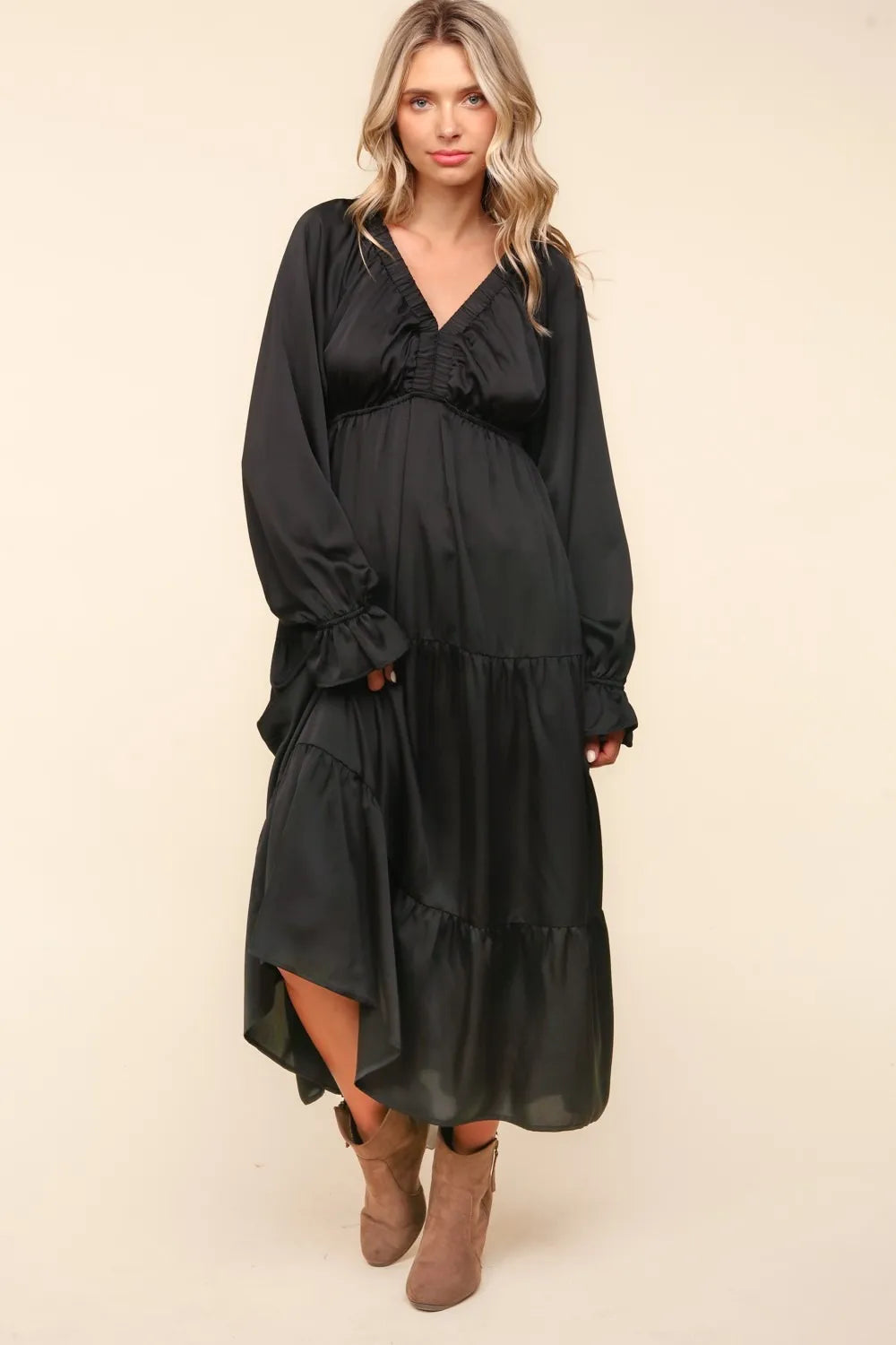 Haptics Flounce Sleeve Tiered Midi Dress with Pockets - Brittney MADE