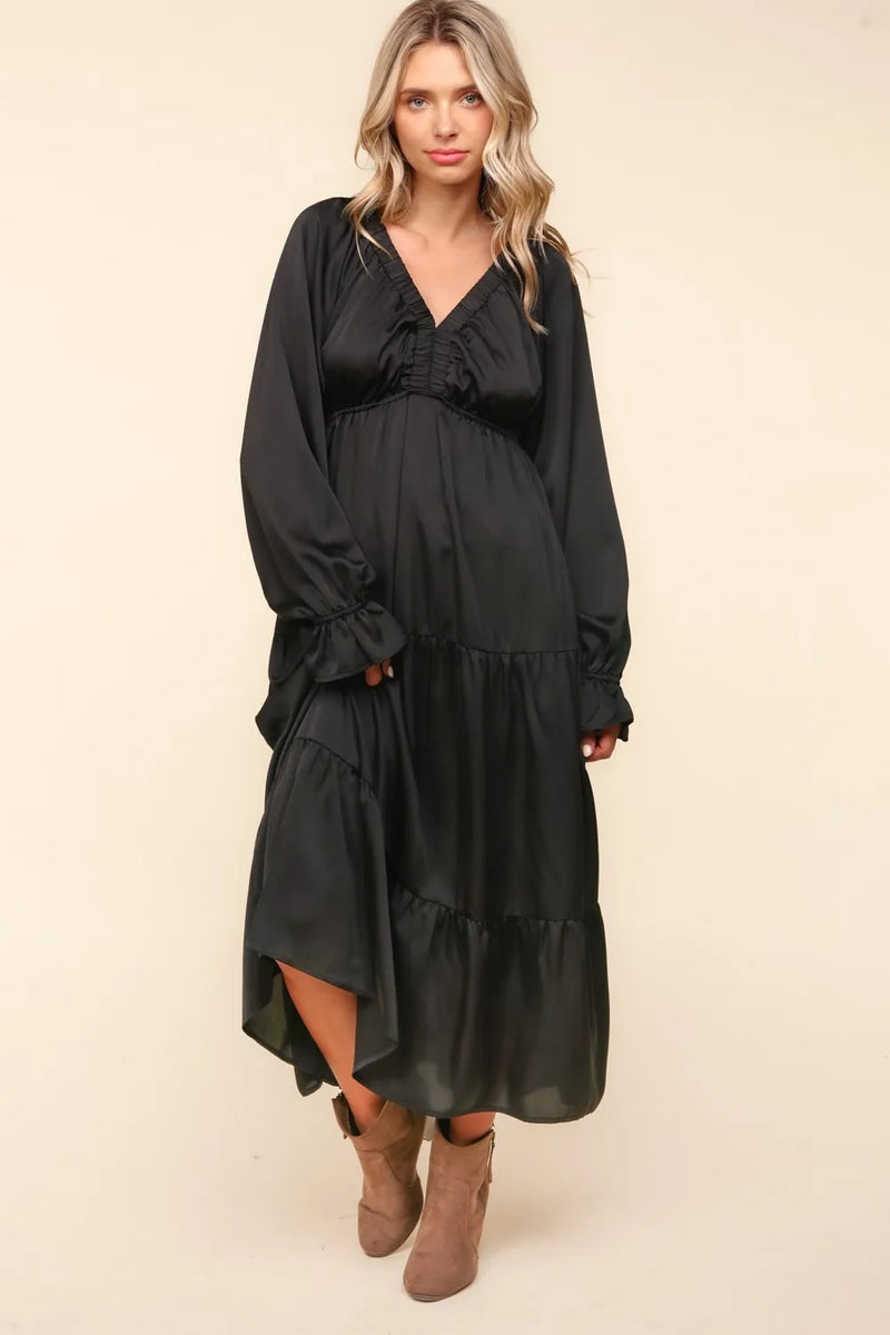 Haptics Flounce Sleeve Tiered Midi Dress with Pockets - Brittney MADE