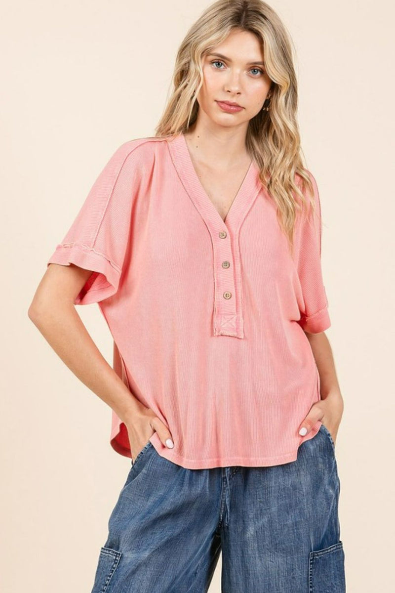 Mittoshop Mineral Wash Henley Short Sleeve Waffle Knit Top - Brittney MADE