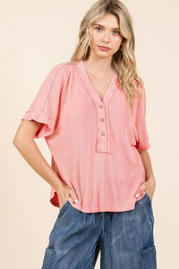 Mittoshop Mineral Wash Henley Short Sleeve Waffle Knit Top - Brittney MADE