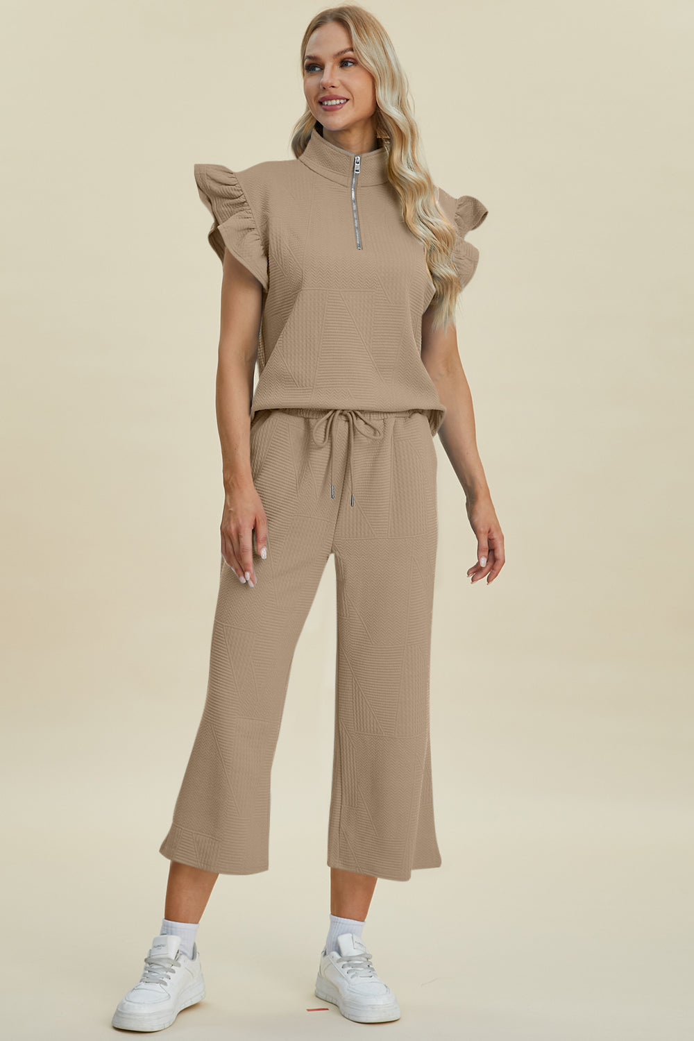 Double Take Full Size Texture Ruffle Short Sleeve Top and Wide Leg Pants Set - Brittney MADE