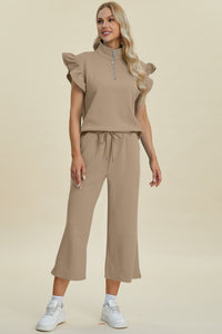Double Take Full Size Texture Ruffle Short Sleeve Top and Wide Leg Pants Set - Brittney MADE