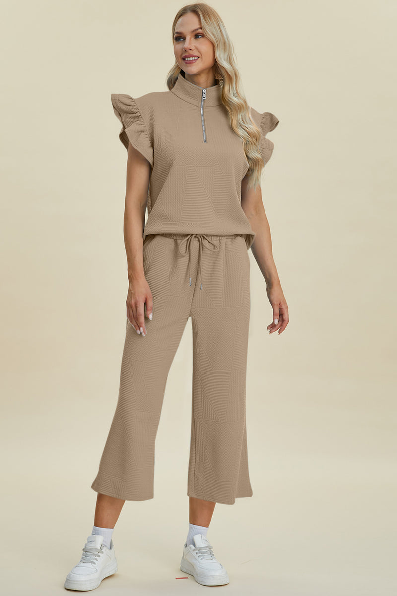 Double Take Full Size Texture Ruffle Short Sleeve Top and Wide Leg Pants Set - Brittney MADE